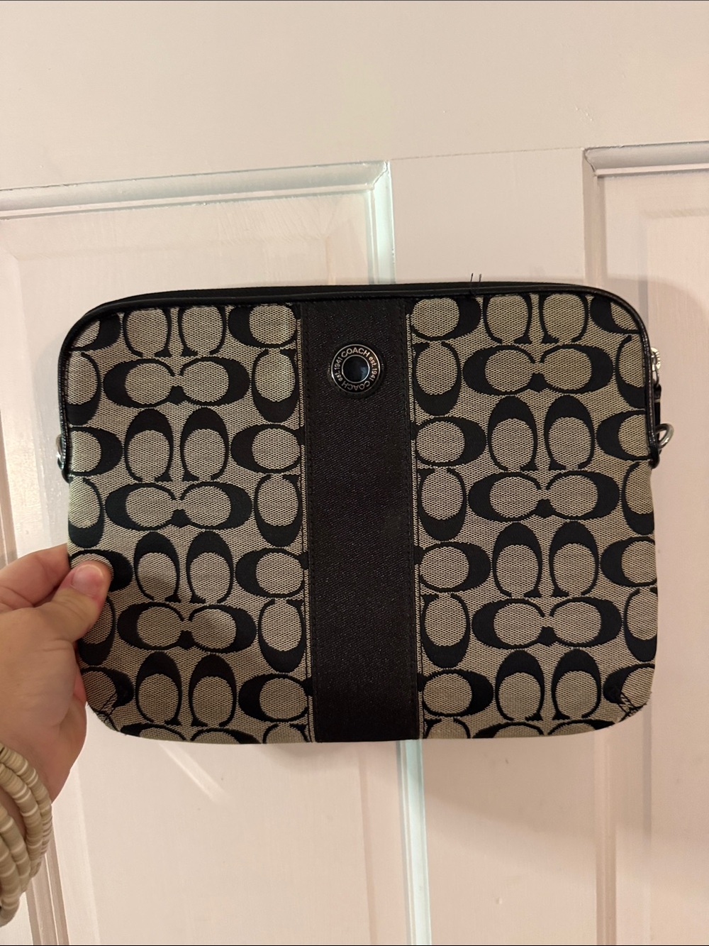 Coach Signature Jacquard Tablet Sleeve in Black and Tan